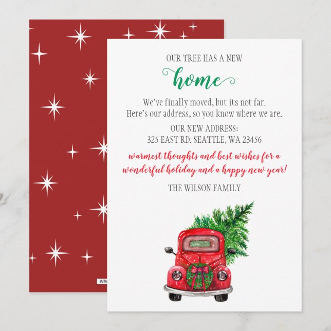 Cute Christmas Tree Car We've Moved Holiday Cards (Front/Back)