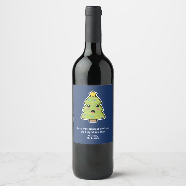 Cute Christmas Tree Funny Pun Navy Wine Label (Front)