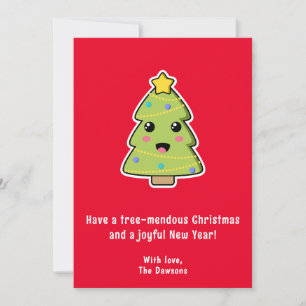 Cute Christmas Tree Funny Tree-mendous Red Flat Holiday Card