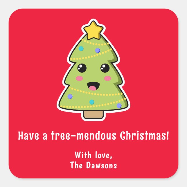 Cute Christmas Tree Funny Tree-mendous Red Square Sticker (Front)