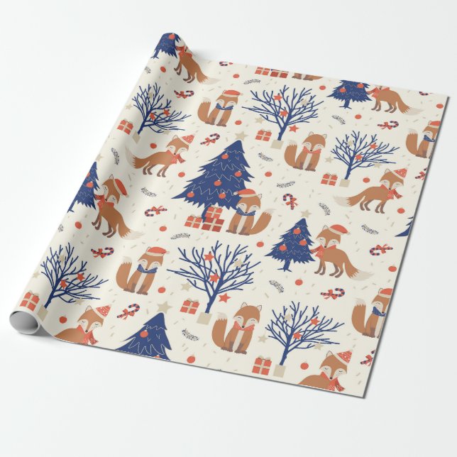 Cute Christmas Tree Gifts Stars Fox Blue Red White Wrapping Paper (Unrolled)