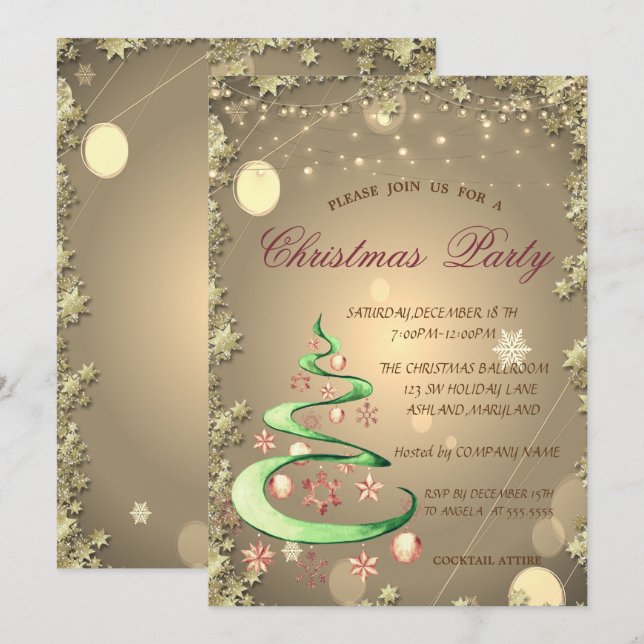 Cute Christmas Tree Gold Stars Christmas Invitation (Front/Back)