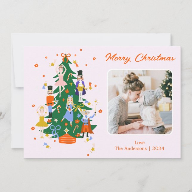 Cute Christmas Tree Illustration with Photo Holiday Card (Front)