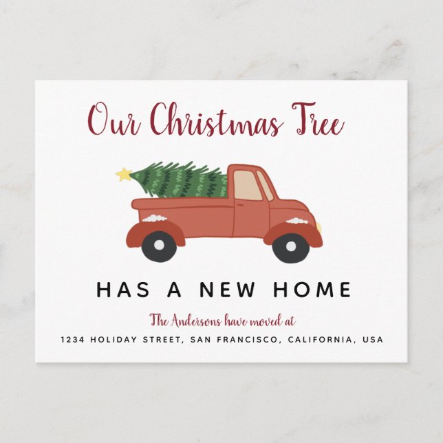 Cute Christmas Tree in Red Car Holiday Moving Announcement Postcard (Front)