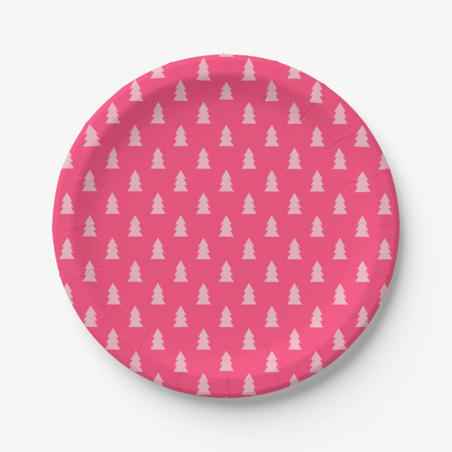 Cute Christmas tree pattern pastel and hot pink Paper Plate (Front)
