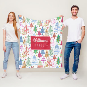 Cute Christmas Tree Pattern with Family Name Fleece Blanket