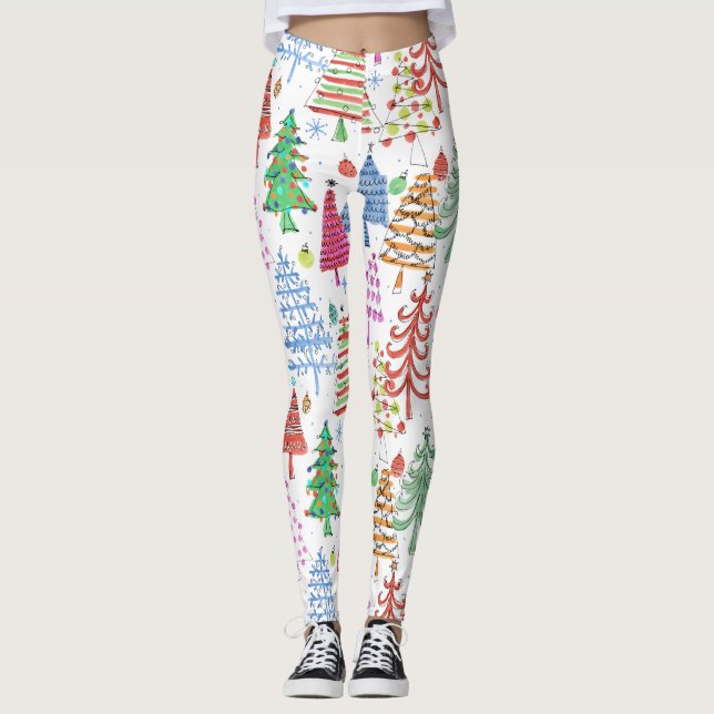 Cute Christmas Tree Pink Green Red Blue Pattern Leggings (Front)