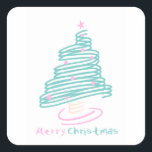 Cute Christmas Tree Pink Green Swirly Square Sticker<br><div class="desc">Cute sticker with Christmas Tree</div>