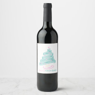 Cute Christmas Tree Pink Green Swirly Wine Label