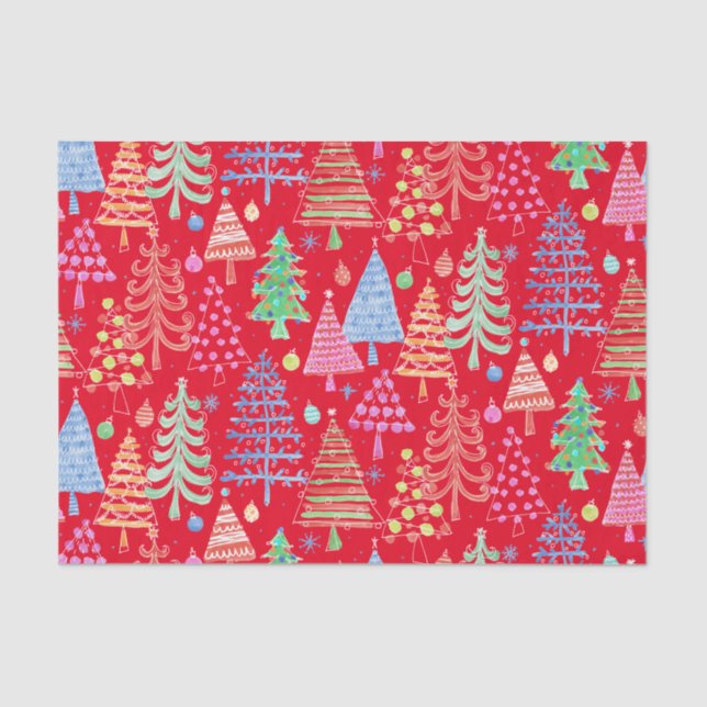 Cute Christmas Tree Red Green Blue Pattern Tissue Paper (Front)