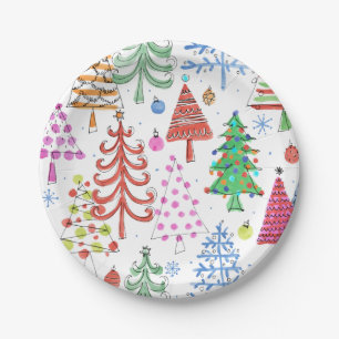 Cute Christmas Tree Red Green Pink Blue Pattern Paper Plate