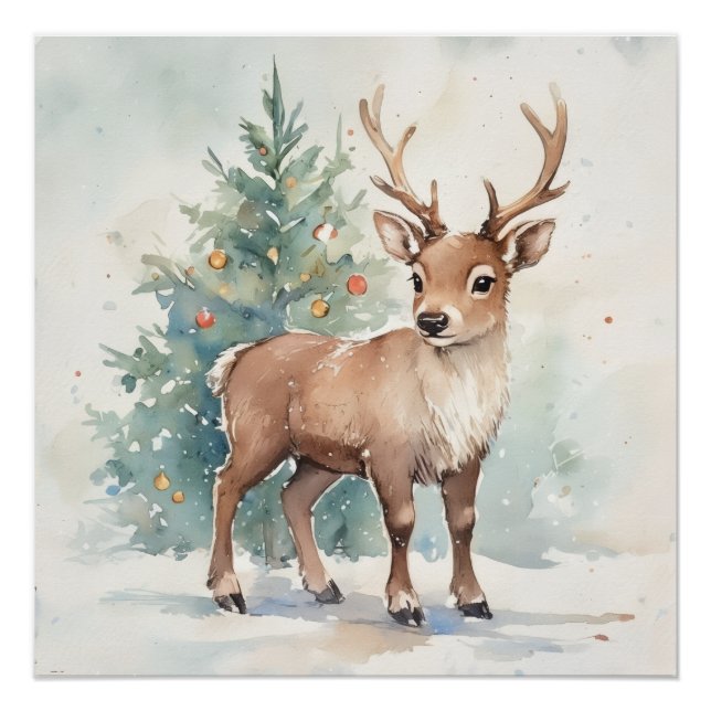 Cute Christmas tree reindeer cozy Holiday Wall Art (Front)