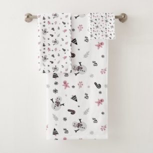 Cute Christmas Tree Snowman Candy Cane Pattern Bath Towel Set