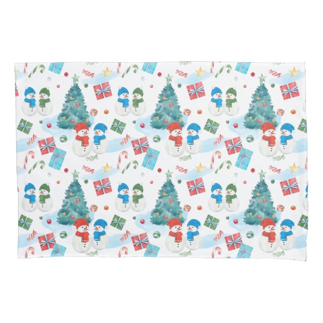 Cute Christmas Tree, Snowman, Gifts, Candy Pattern Pillowcase (Front)