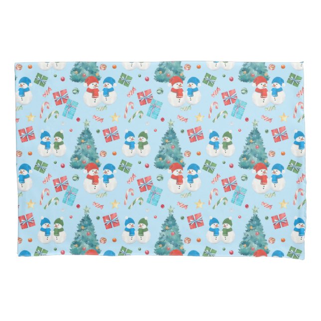 Cute Christmas Tree, Snowman, Gifts, Candy Pattern Pillowcase (Front)