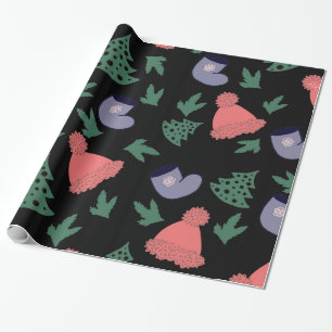 Cute Christmas Tree, Stockings, Red Hats on Black Wrapping Paper