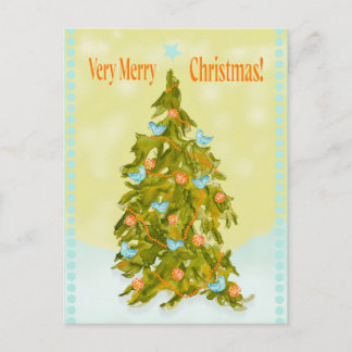 Cute Christmas Tree with Blue Birds Holiday Postcard