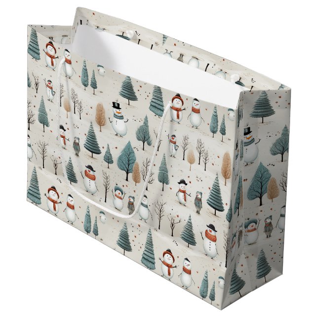 Cute Christmas Trees and Snowmen Large Gift Bag (Front Angled)