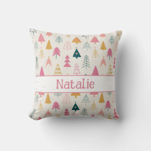 Cute Christmas Trees Blush Pink Pattern Name Cushion