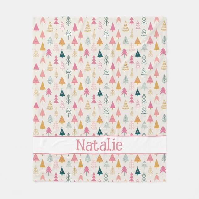 Cute Christmas Trees Blush Pink Pattern Name Fleece Blanket (Front)