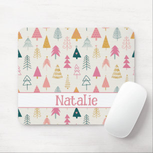 Cute Christmas Trees Blush Pink Pattern Name Mouse Mat