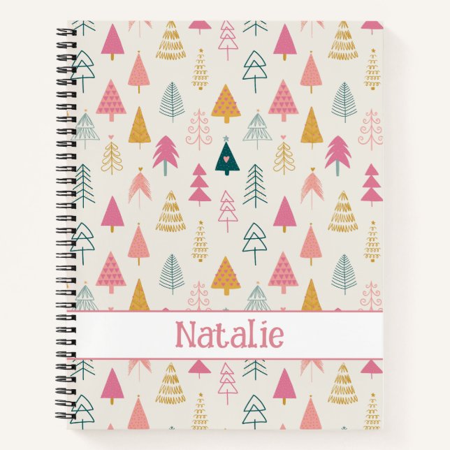 Cute Christmas Trees Blush Pink Pattern Name Notebook (Front)