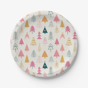 Cute Christmas Trees Blush Pink Pattern  Paper Plate