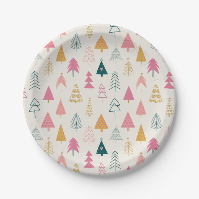 Cute Christmas Trees Blush Pink Pattern  Paper Plate (Front)