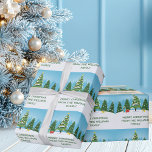 Cute Christmas Trees Customisable Wrapping Paper<br><div class="desc">This beautiful personalised Christmas wrapping paper features pretty green fir trees capped with snow on a lovely white snow winter landscape and blue sky. Customise who your gifts are from with your family last name.</div>