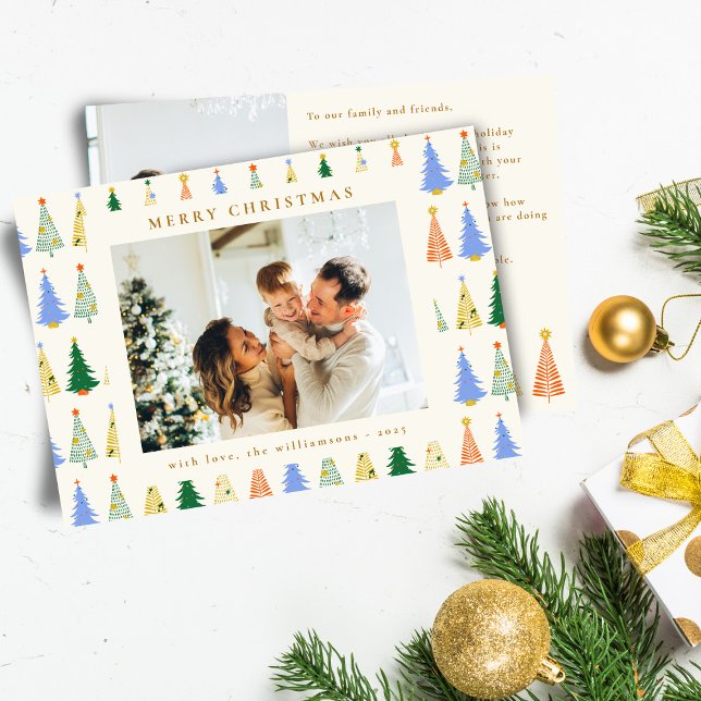 Cute Christmas Trees Green Boho Two Photo Message Holiday Card (Creator Uploaded)