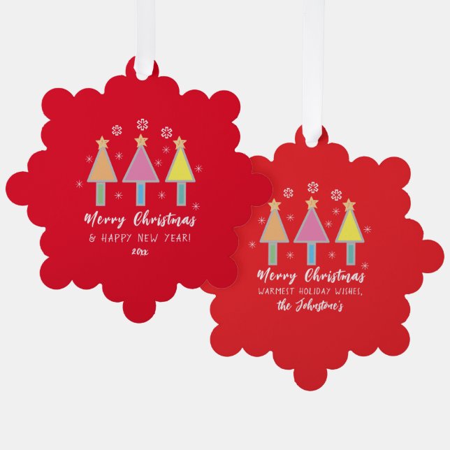 Cute Christmas Trees Name Rustic Red Holiday       Tree Decoration Card (Front/Back)