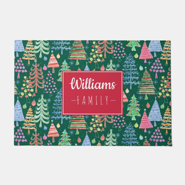 Cute Christmas Trees on Green Family Name Doormat (Front)