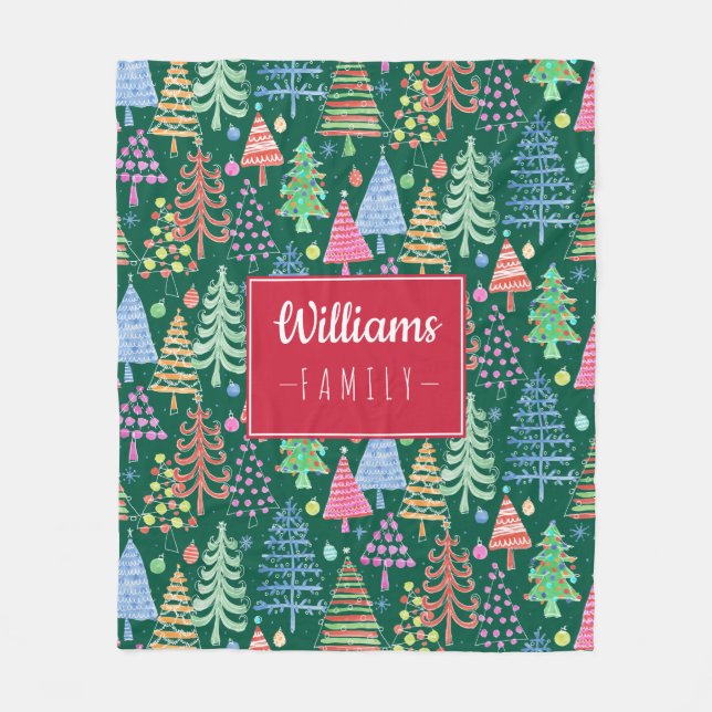 Cute Christmas Trees on Green Family Name Fleece Blanket (Front)