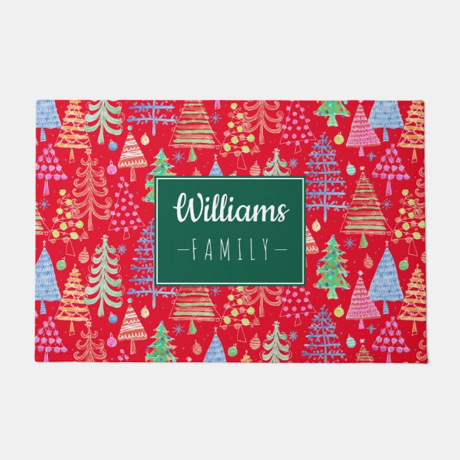 Cute Christmas Trees on Red Family Name Doormat (Front)