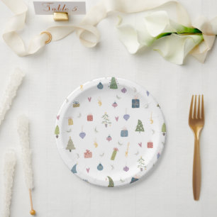 Cute Christmas Trees Presents Ornaments Pattern Paper Plate