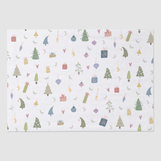 Cute Christmas Trees Presents Ornaments Pattern Tissue Paper (Front)