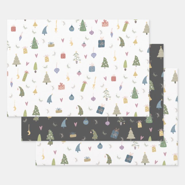 Cute Christmas Trees Presents Ornaments Pattern Wrapping Paper Sheet (Set)