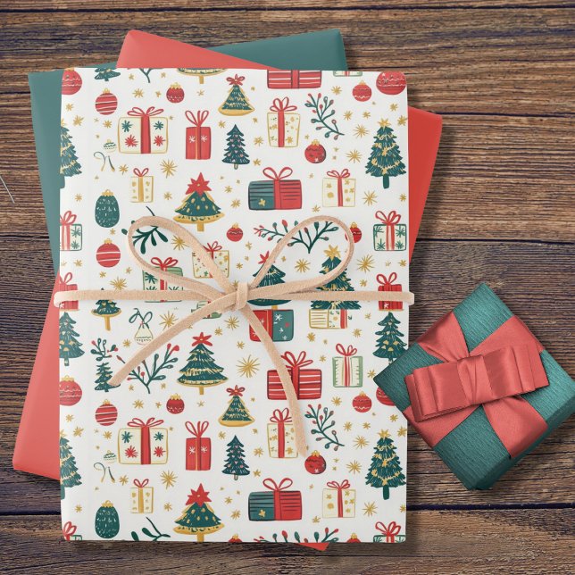 Cute Christmas Trees Presents Retro Pattern Wrapping Paper Sheet (Creator Uploaded)