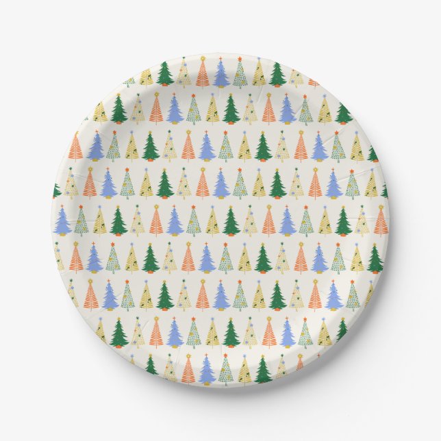 Cute Christmas Trees Red Green Boho  Paper Plate (Front)