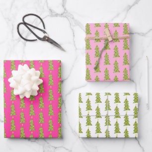 Cute Christmas Trees Retro Holiday Pattern PINK Wrapping Paper Sheet