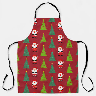 Cute Christmas Trees & Santa Claus Pattern Red Apron