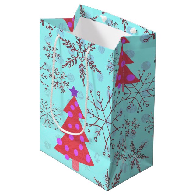 Cute Christmas Trees with Snowflakes on Blue  Medium Gift Bag (Front Angled)