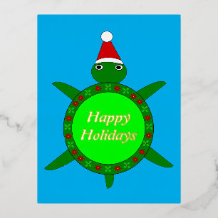 Cute Christmas Turtle with Flowery Shell Custom Foil Holiday Postcard