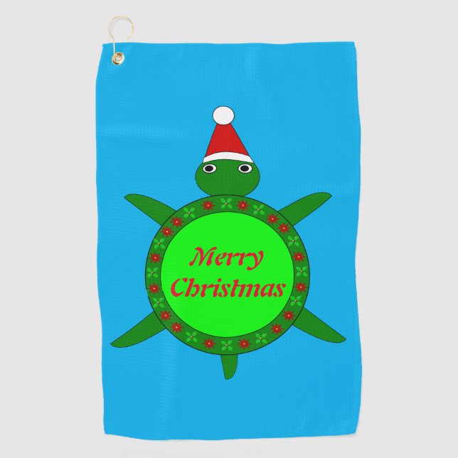 Cute Christmas Turtle with Flowery Shell Custom Golf Towel (Front)