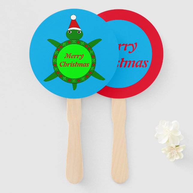Cute Christmas Turtle with Flowery Shell Custom Hand Fan (Front and Back)