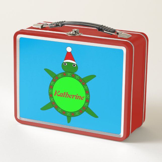 Cute Christmas Turtle with Flowery Shell Custom Metal Lunch Box (Front)