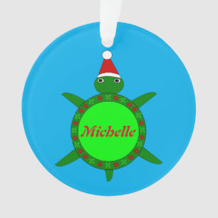 Cute Christmas Turtle with Flowery Shell Custom Ornament