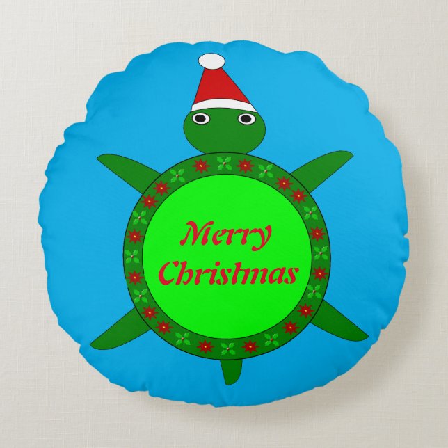 Cute Christmas Turtle with Flowery Shell Custom Round Cushion (Front)