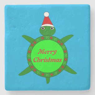 Cute Christmas Turtle with Flowery Shell Custom Stone Coaster