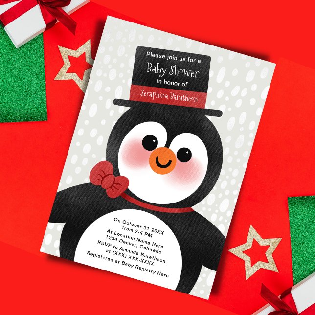 Cute Christmas Tuxedo Penguin Baby Shower Invitation (Creator Uploaded)